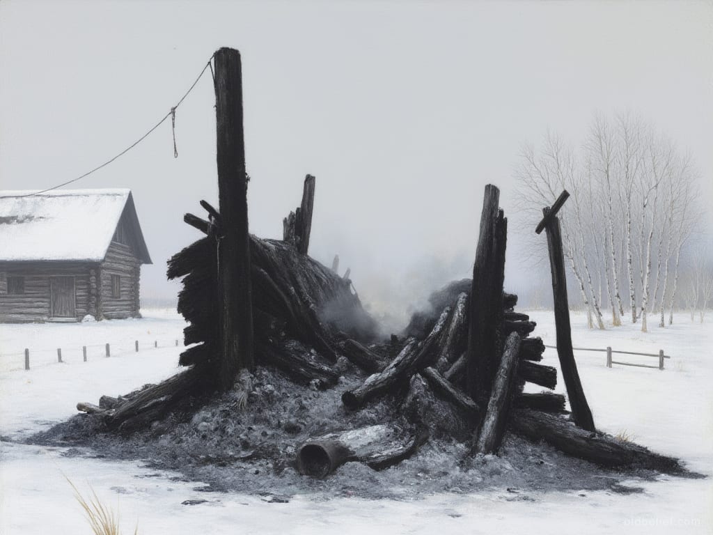 Charred timbers collapsed into a heap of ash where a barn has burned, smoke still rising, snow and a surviving log house around it