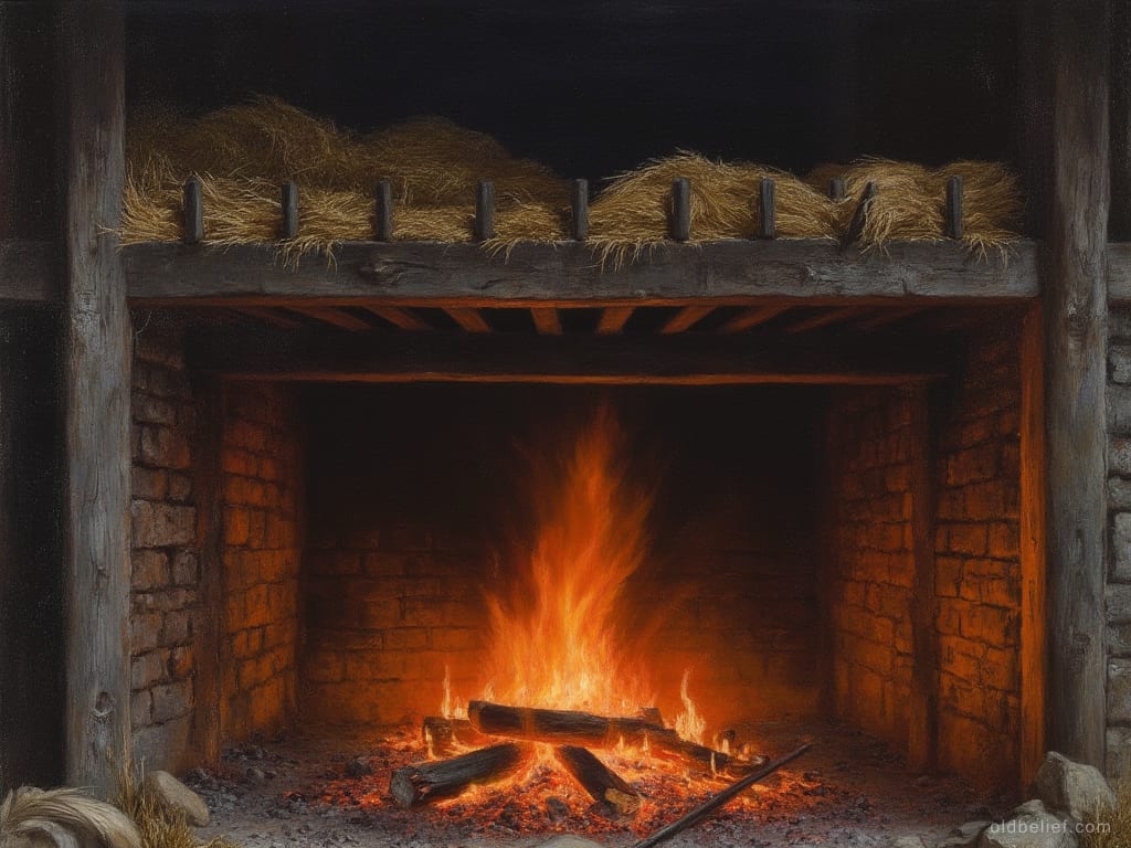 Tall fire burning on logs in a brick-lined pit directly beneath the slatted wooden floor of a barn, dry straw heaped on the slats above the flames