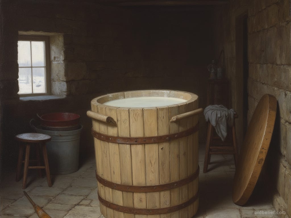 Large hooped wooden tub filled to the rim with milk standing on a stone floor, its round lid leaning against the wall and pails and a stool beside it