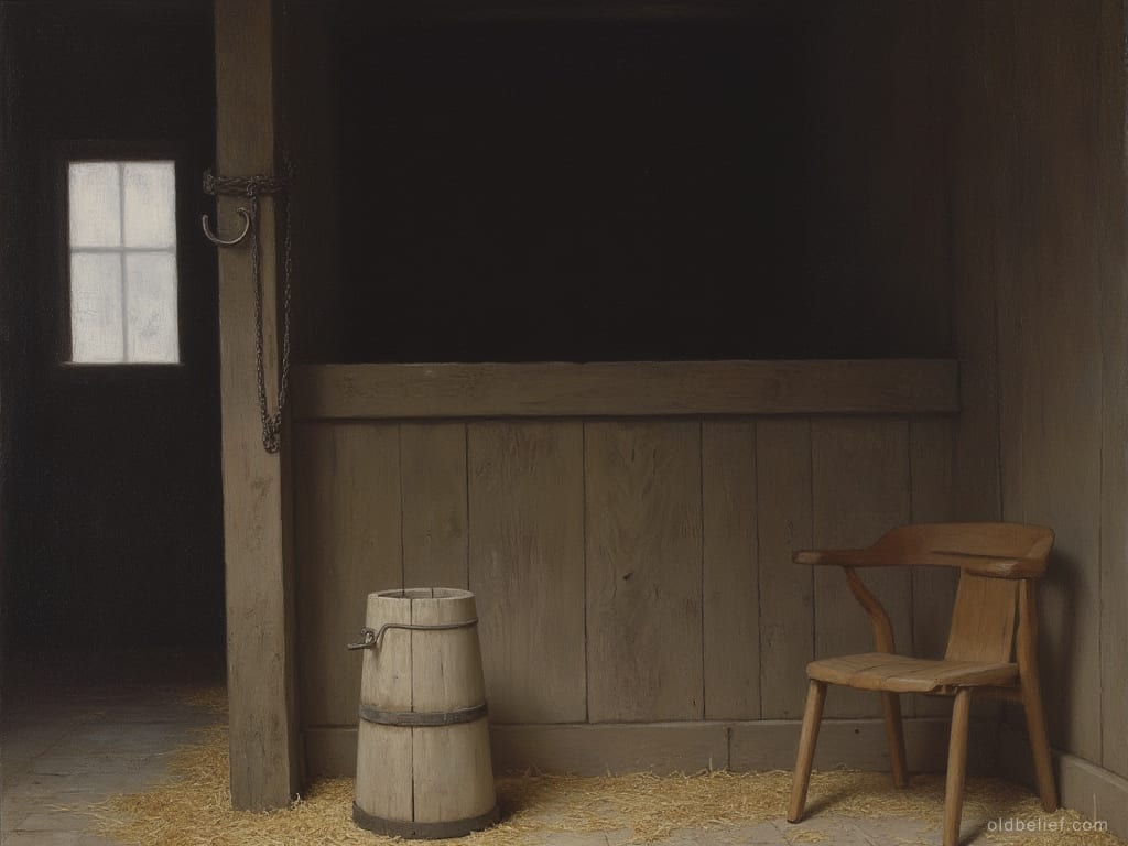 Empty wooden milking pail standing on straw beside the boarded partition of a dim byre, a milking chair next to it and the stall beyond it dark and empty