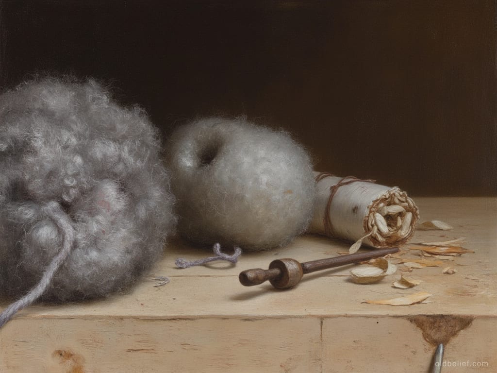 Two masses of unspun grey wool, a turned wooden spindle and a tied roll of birch bark lying on a pale workbench among wood shavings