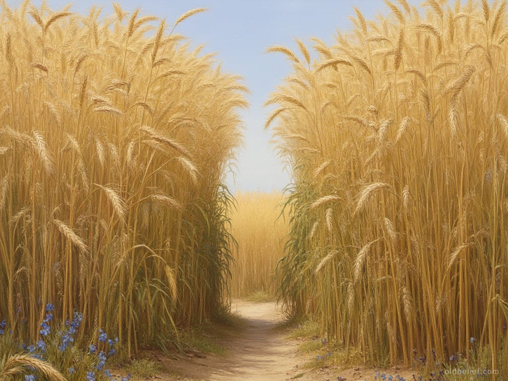 Narrow sandy path running between walls of ripe rye standing well above head height, cornflowers at the field's edge