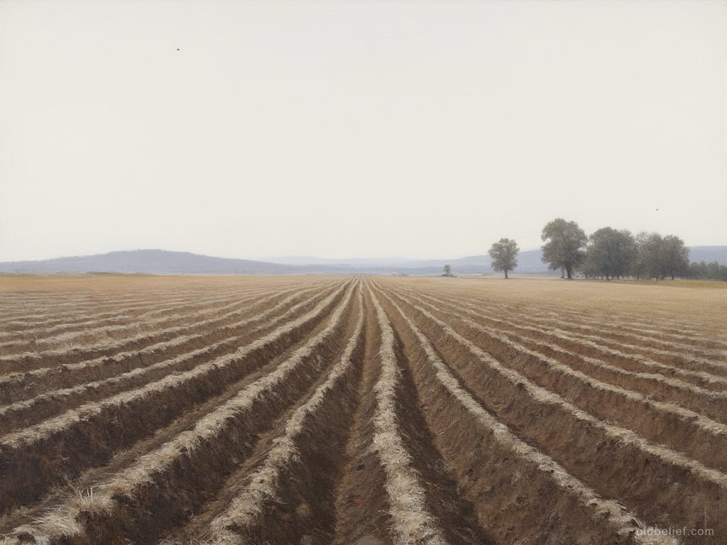 Ridged plough furrows with stubble between them running away to the horizon across an open field under a flat white midday sky, nobody in sight