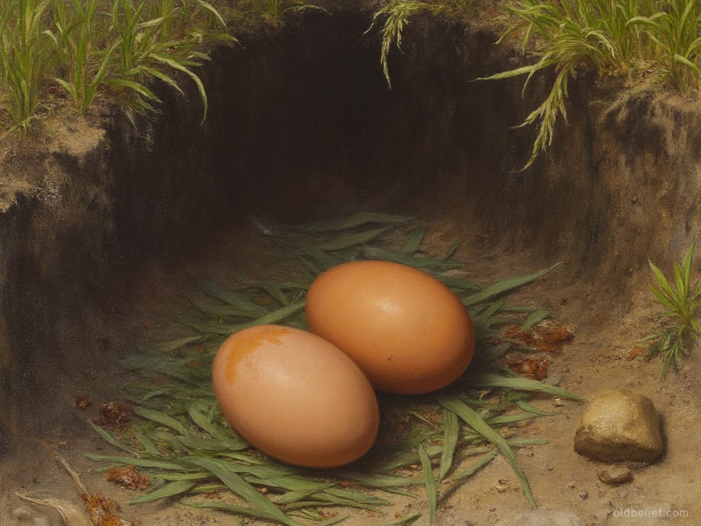 Two brown hen's eggs laid on cut grass in the bottom of a shallow dug ditch at a field's edge