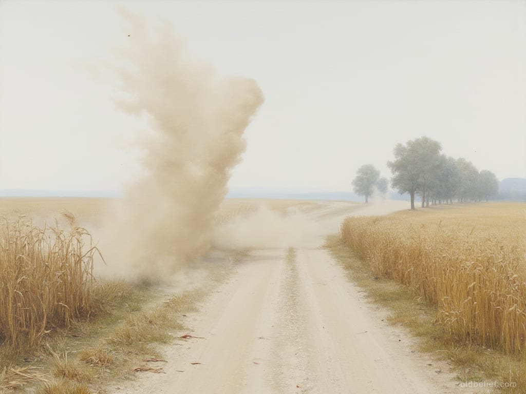 Column of dust turning along a field boundary under a white sky