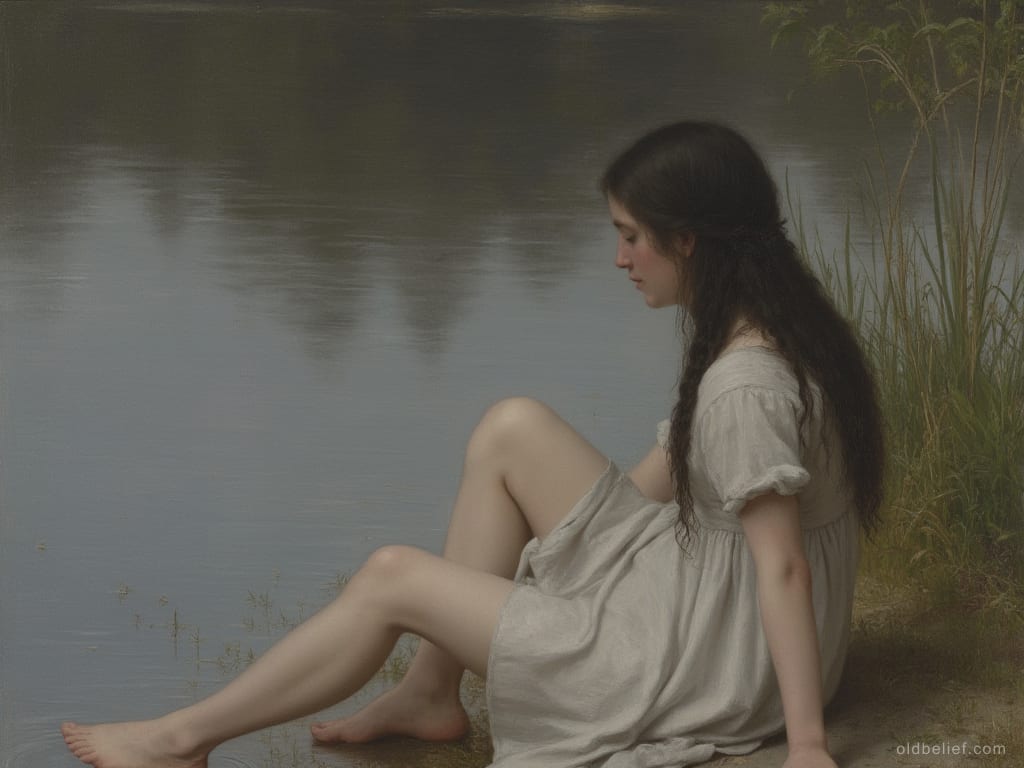 Young woman seated at a river's edge at dusk, hair hanging loose and unbound