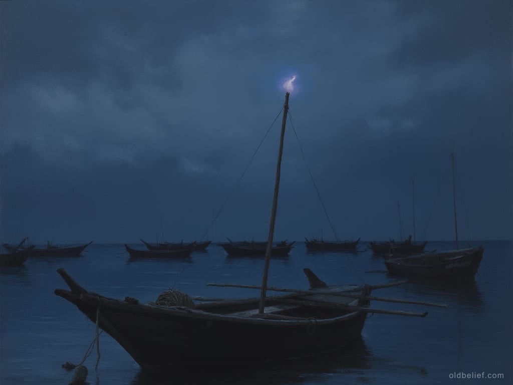 Wooden outrigger boat moored at night, mast against a cloudy sky