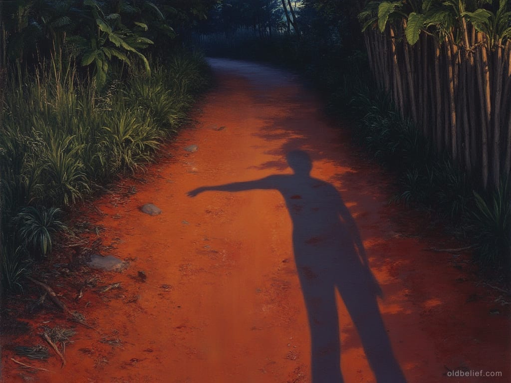 Long human shadow cast across a dirt path at dusk with nobody casting it
