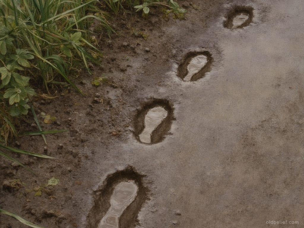 Line of water-filled prints pressed into wet mud along the edge of a path