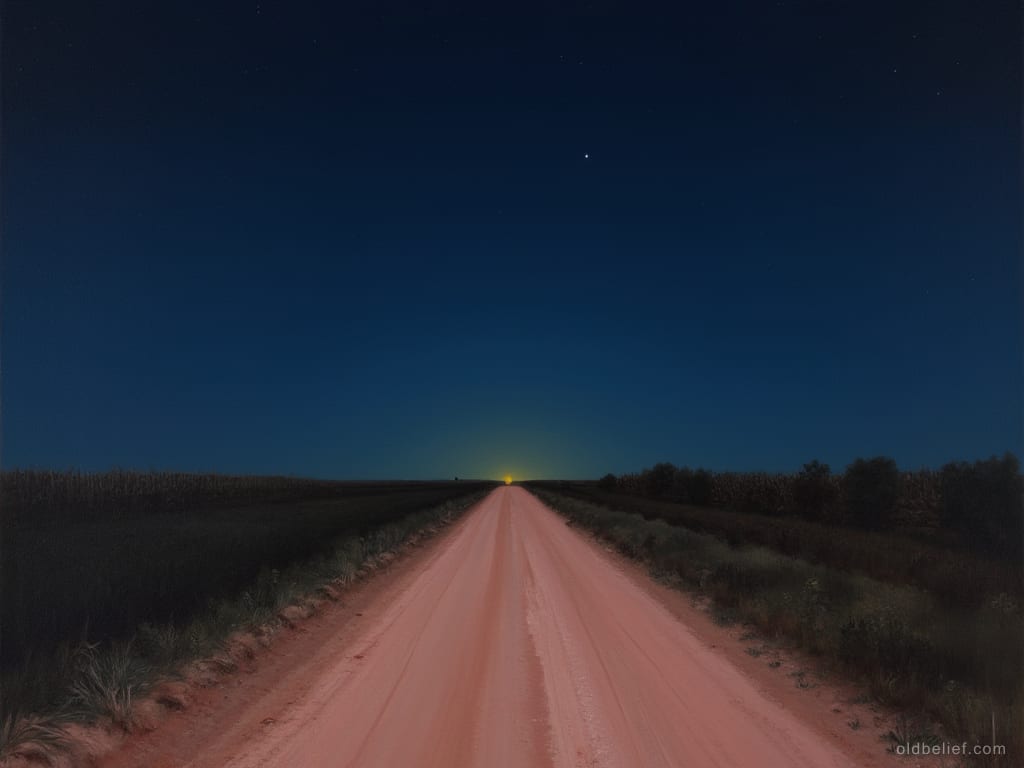 Empty pale dirt road running straight between maize fields under a dark blue night sky, a single point of yellow light low on the horizon where it ends