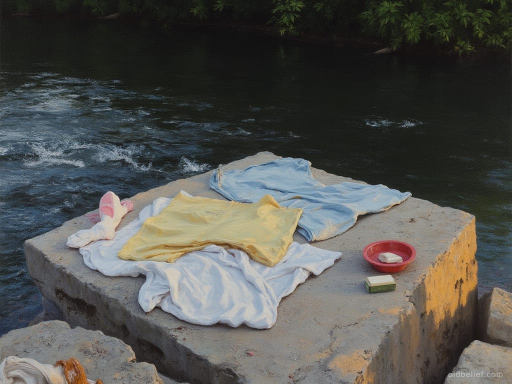 Washing spread out to dry on a flat concrete slab at a river's edge with a bar of soap, a plastic basin and a pair of sandals beside it, the current running past, nobody there