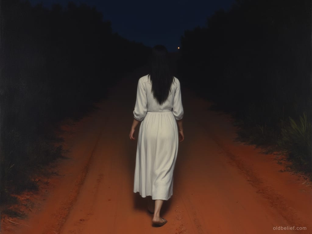 Woman walking away from the viewer down a red dirt road at night in a long white dress, her black hair loose down her back, her face not visible