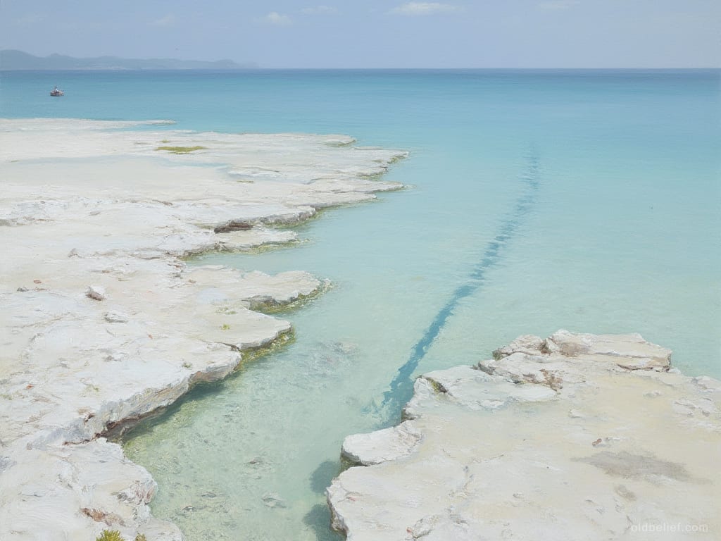 Wide white reef flat exposed at low tide in bright daylight, shallow turquoise pools between the rock shelves and a deep dark channel cutting out to open sea