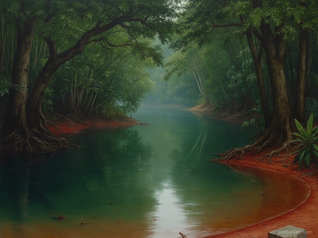 Deep green river curving under overhanging trees and bamboo, its surface still and opaque, a bare red earth bank sloping into it on the near side