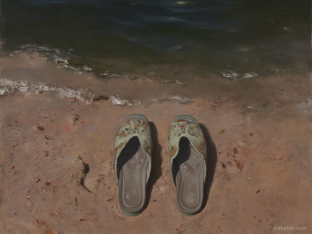 Pair of worn rubber slippers left neatly side by side on wet sand at the water's edge, seen from above, dark water running just beyond them