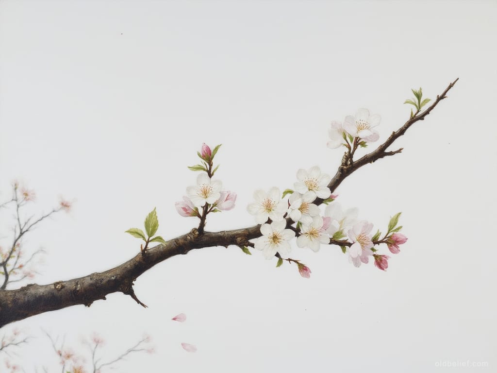 Single apple branch in white and pink blossom against a bare white sky, no bird on it, two petals falling