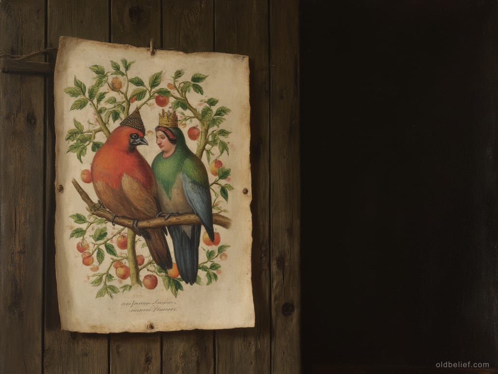 Hand-coloured print pinned to a plank wall showing two crowned bird-women perched in an apple tree, their feathered bodies painted in flat red, green and ochre