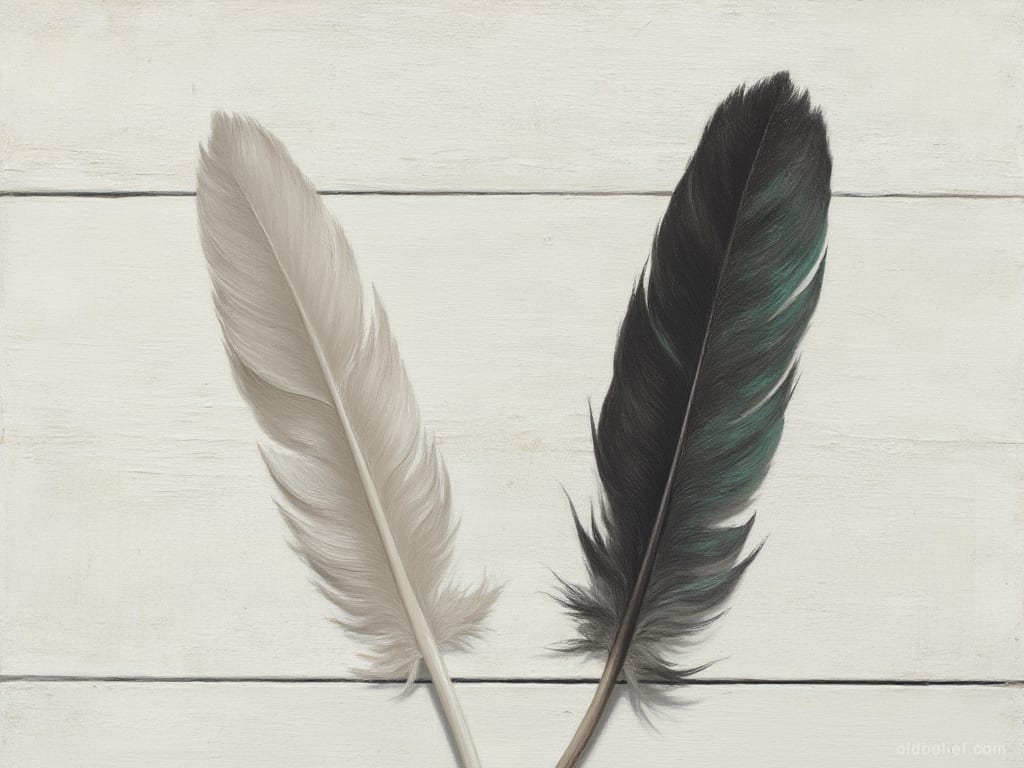 Two long bird feathers lying on whitewashed boards, one pale grey and one near black with a green sheen, angled slightly apart with their quills almost touching