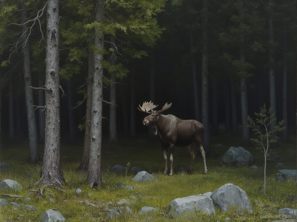 Bull elk with broad antlers standing still in a grassy clearing at the edge of dense spruce forest, boulders around its feet