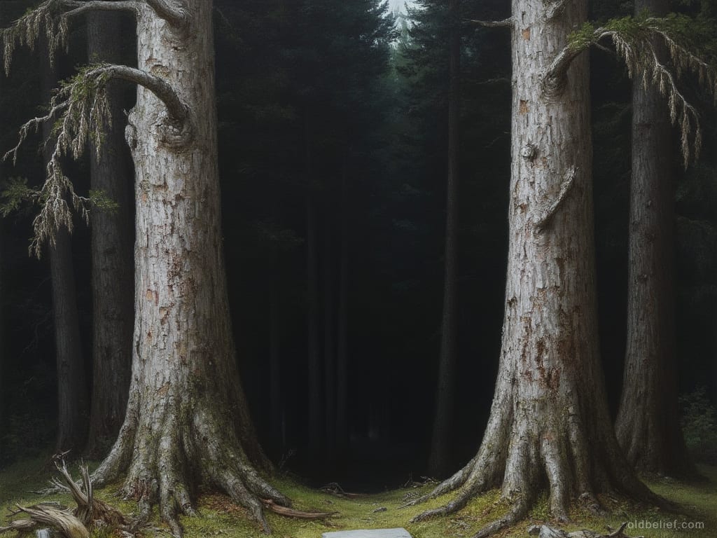 Two massive pale-barked trunks standing close together like doorposts, the forest between and behind them almost black