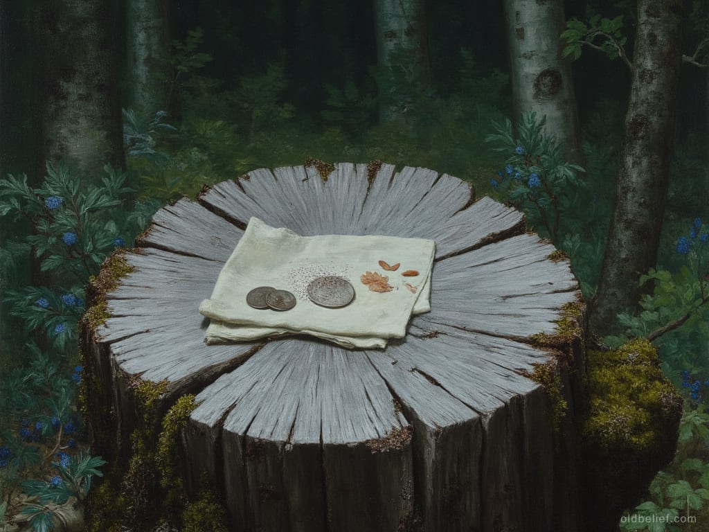 Three small silver coins and a scatter of salt and grain on a folded white cloth, laid on the sawn top of a weathered stump in dark forest