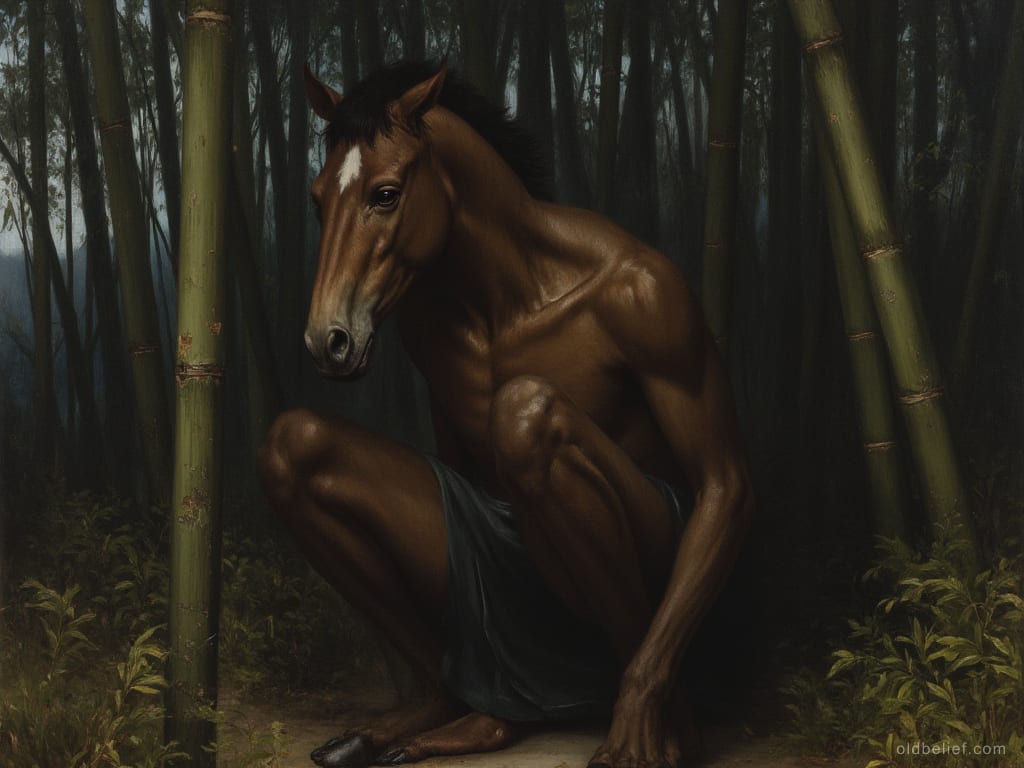 Lean horse-headed figure with a human body crouching among bamboo stems at dusk