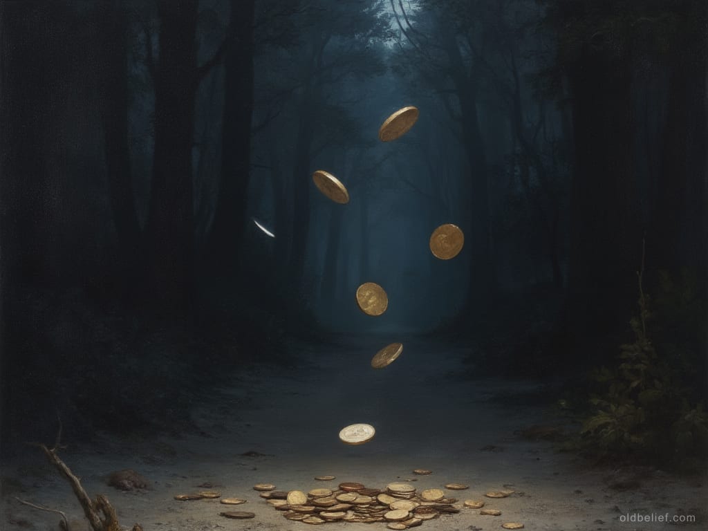 Handful of coins mid-fall, catching light, against a dark path