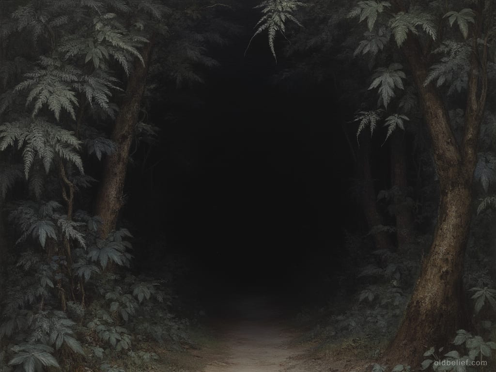 Dense dark undergrowth at the edge of a forest path, nothing visible within it