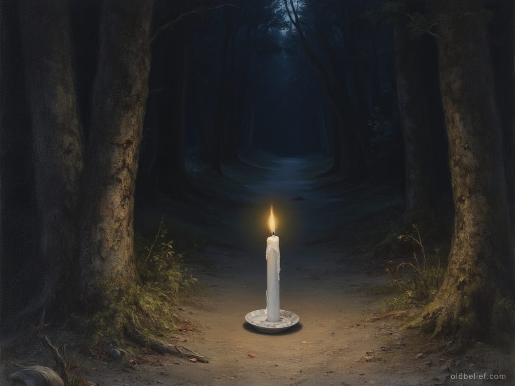 Single white candle burning on bare ground beside a forest path at night