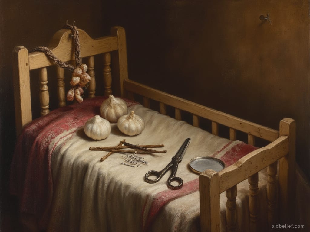 Wooden crib with garlic bulbs, scissors and a small mirror laid on the blanket