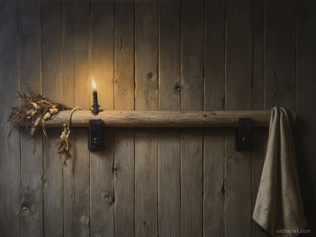 Barred wooden door of a village house at night, lamp out, nothing moving