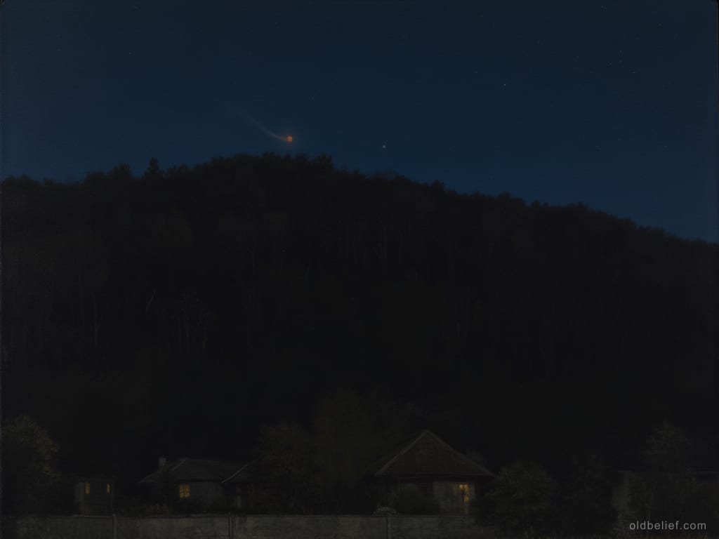 Faint moving light on a dark hillside above a village at night