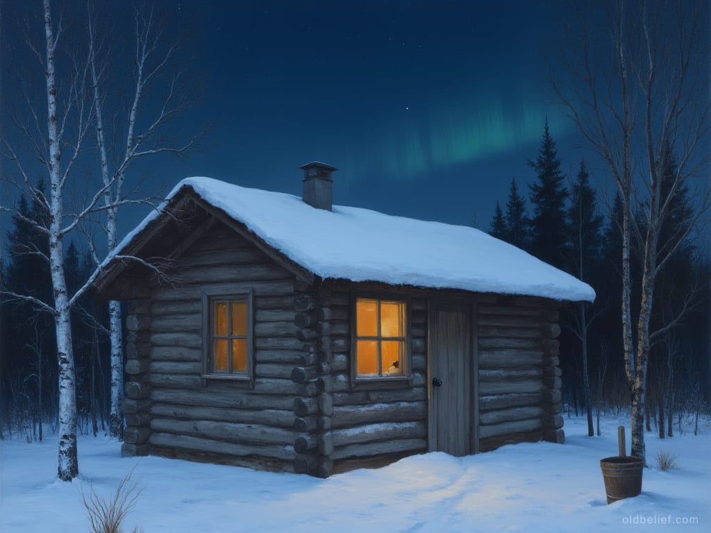 Small dark sauna building in snow at night with one window faintly lit
