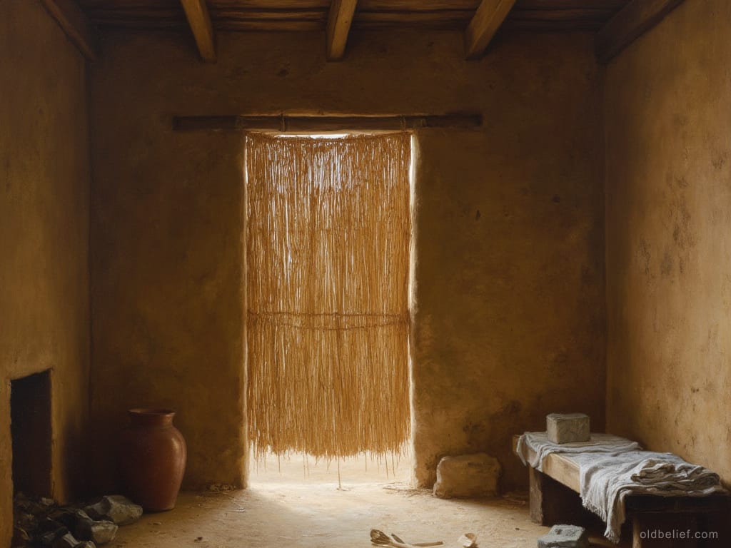 Bare adobe room with a straw mat hung from a pole across the whole doorway, daylight showing only at its edges, a clay jar in one corner and a bench with folded cloth in the other