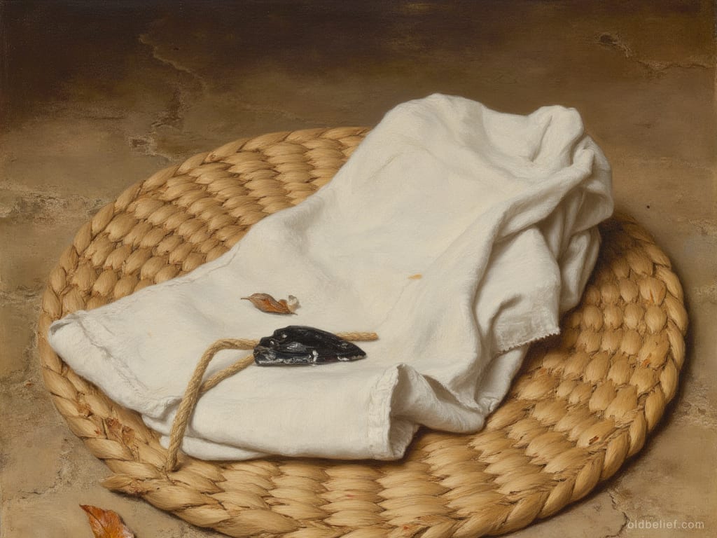 Folded white cloth with a length of twisted cord and a small black obsidian blade laid on it, resting on a round coiled straw mat