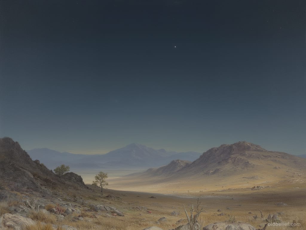 Dry valley and bare hills lit as if at midday while the sky above them has gone to near night, a single star showing high in the dark