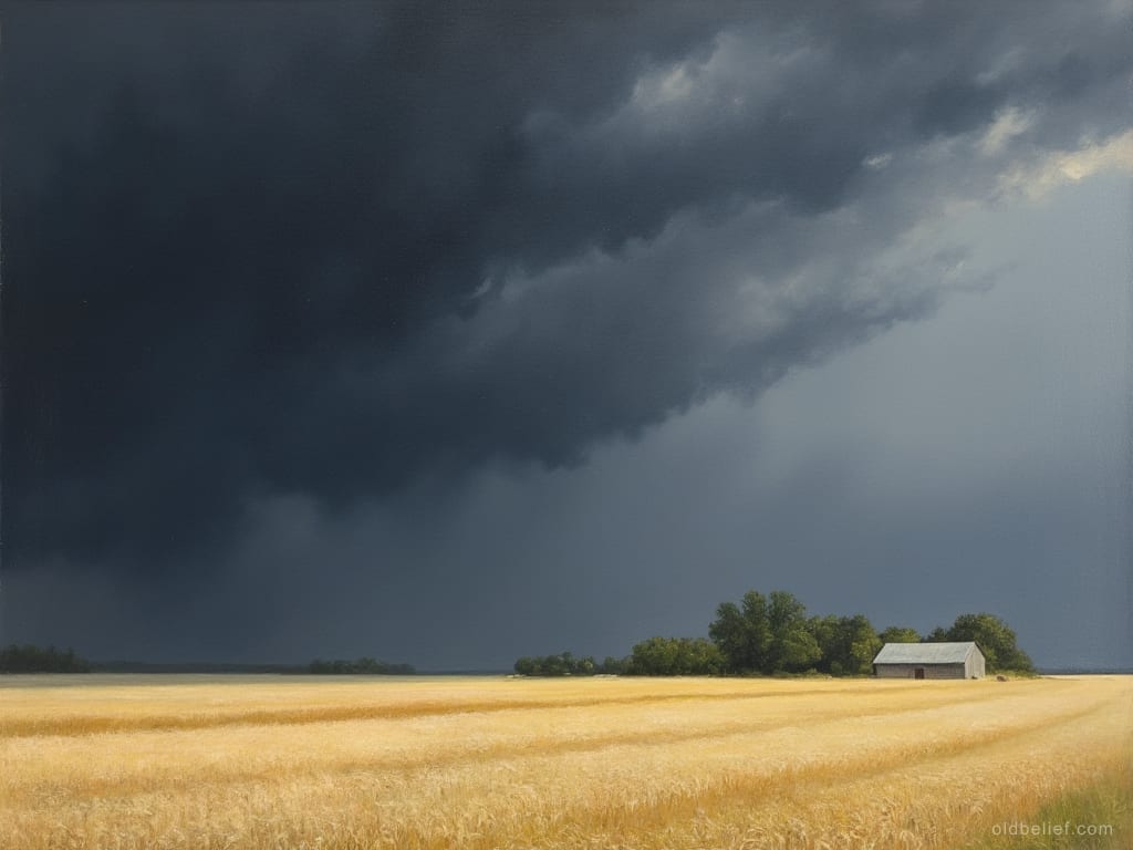Ripe grain field still in sunlight under a black storm front filling half the sky, a small barn and a line of trees at the far edge already grey with rain