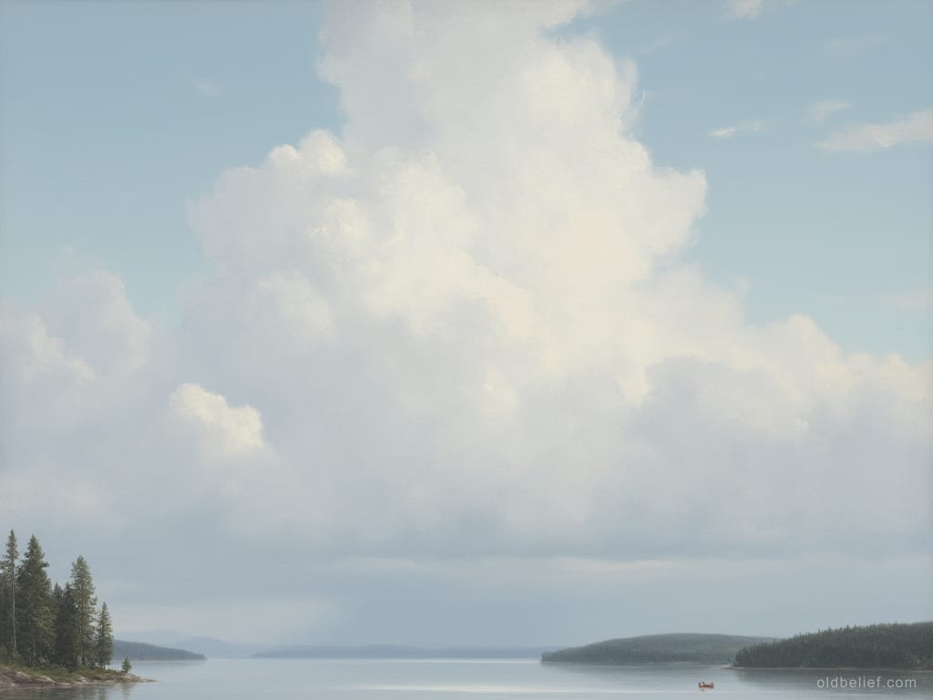 Huge white cumulus tower building in a pale sky over a wide calm lake, wooded headlands either side and one tiny boat far out on the water