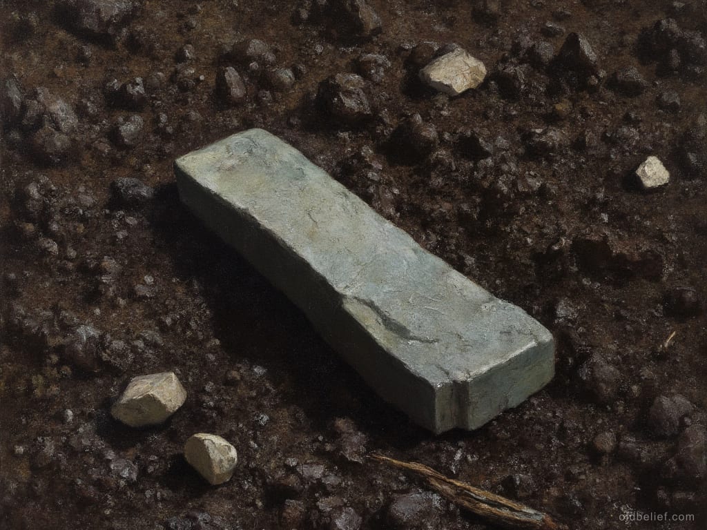 Smooth green-grey stone axe head lying on freshly turned black soil among a few pale pebbles, seen close up