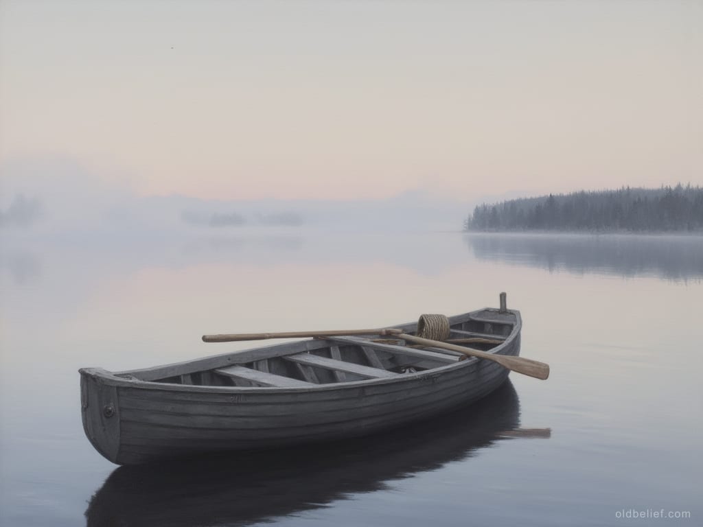 Wooden boat on still lake water at dawn, oars shipped, mist on the far shore