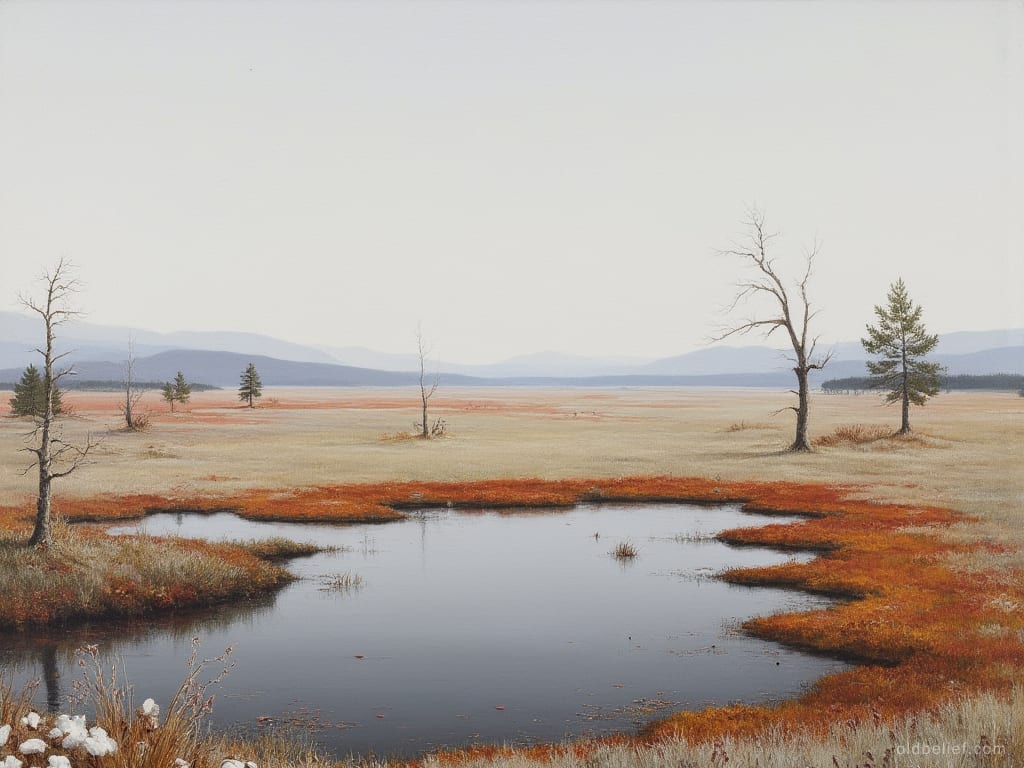 Flat open bog with dark pools and sedge, treeline far off under a low sky