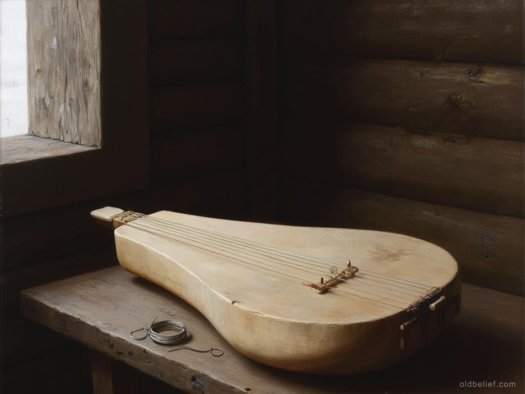 Kantele, a hollowed wooden board zither, lying on a bench by a window