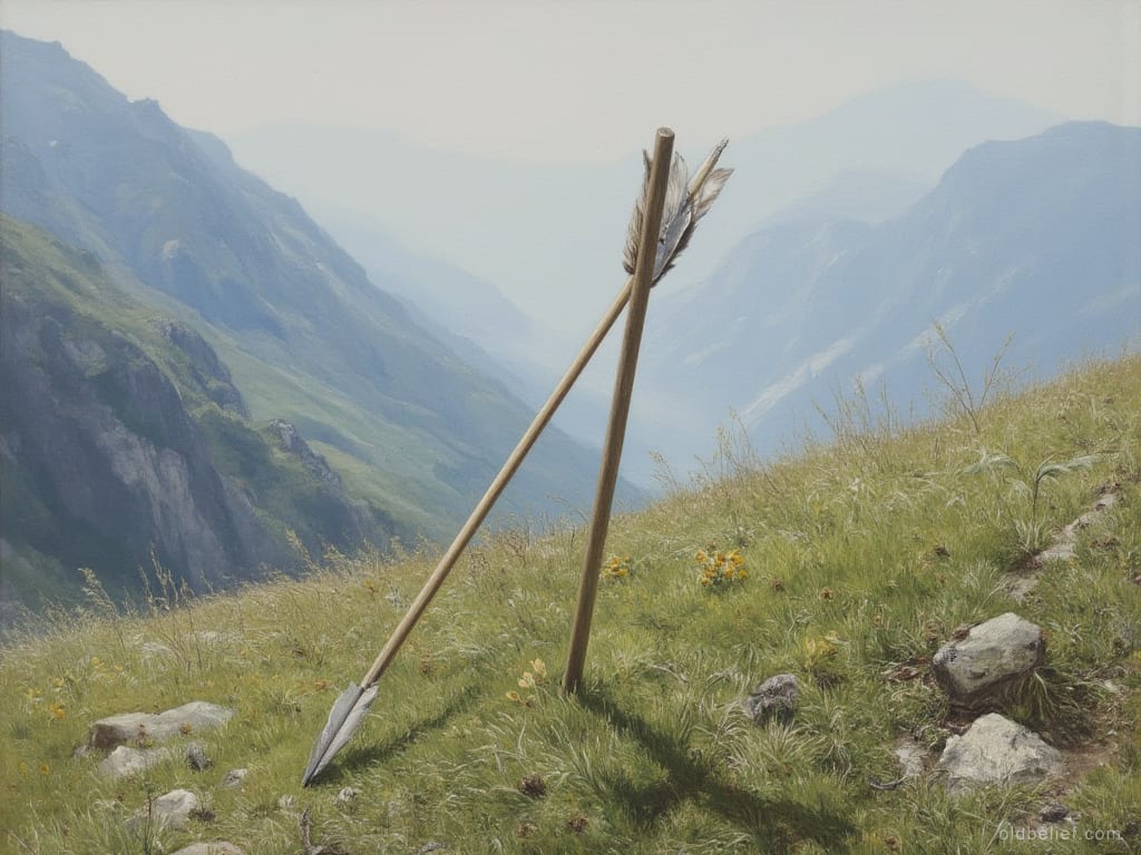 Feathered arrow driven point-first into the turf of a steep mountain meadow, leaning against a plain wooden stake, a hazed valley behind