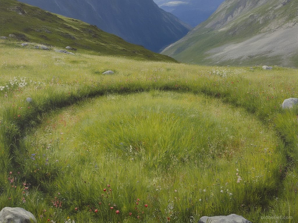 Wide ring of darker, taller grass standing out in a flowering high meadow, mountain slopes closing the valley behind it