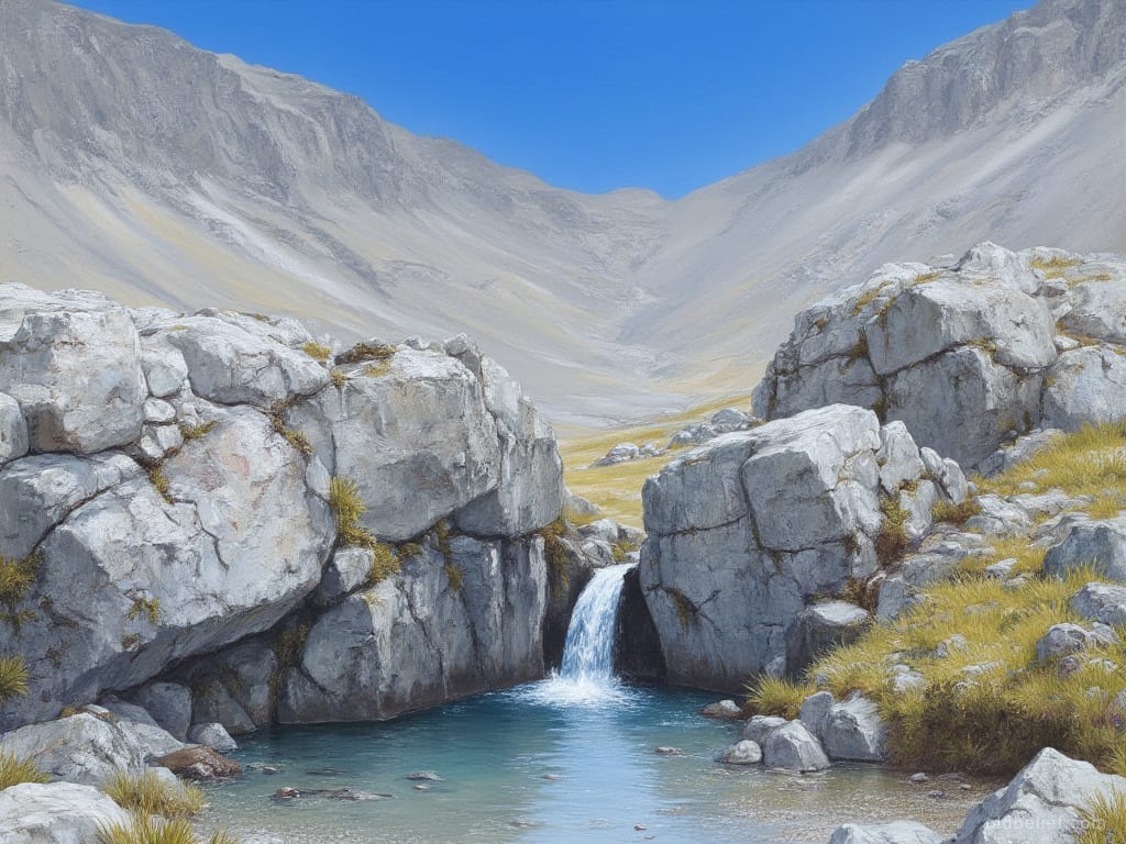 Water falling from a gap between pale limestone boulders into a clear pool high on a bare mountainside under a hard blue sky