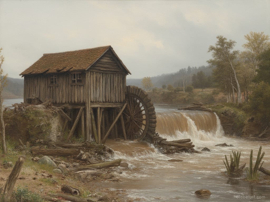 Smashed wooden mill dam with water pouring through the breach, wheel askew