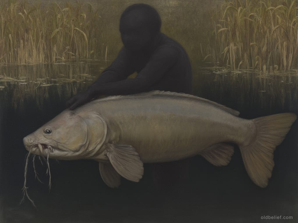 Enormous wels catfish moving beneath dark water, a shadowy rider above it