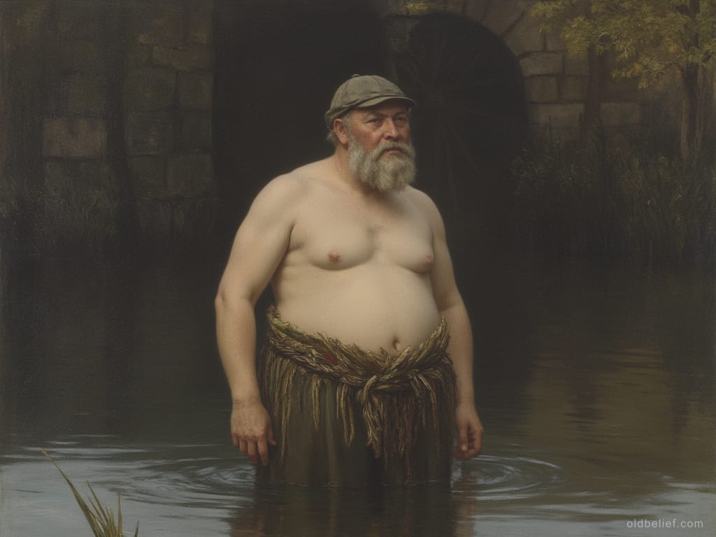 Bald heavy-set old man waist-deep in a still millpond at dusk, reeds at his belt
