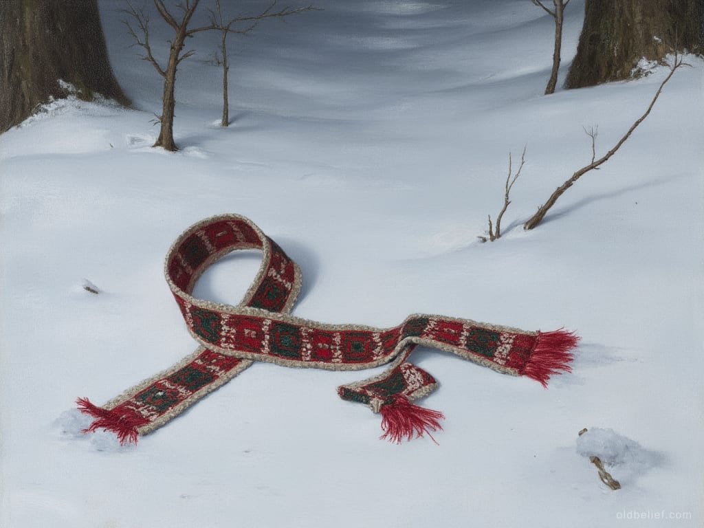 Red patterned woven sash with tasselled ends lying half-looped on unbroken snow between bare trees, nobody near it