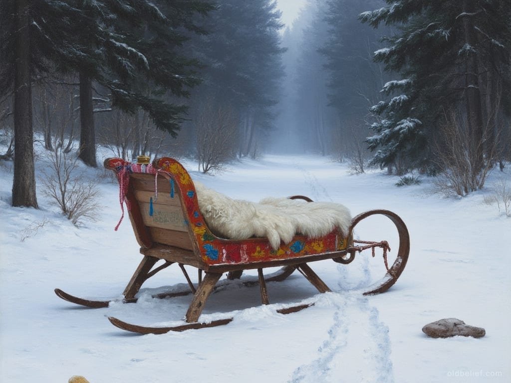 Brightly painted wooden sledge with a sheepskin on the seat and ribbons tied to its back, standing empty on a snowy forest track